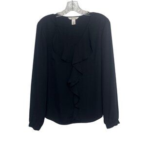 White House Black Market Long Sleeve Blouse Ruffle Vneck Womens Size 6 Black